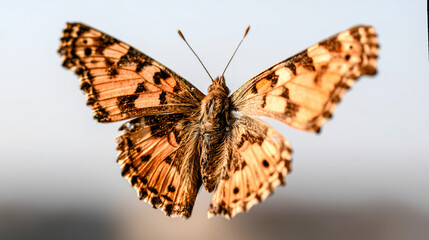 Colorful butterfly in flight with wings fully open against a blurred background  