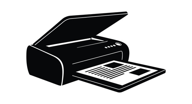 A stark black and white depiction of a flatbed scanner with a document silhouette