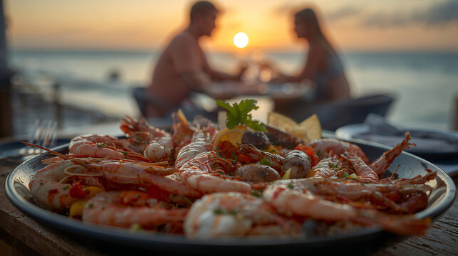 Romantic seafood dinner for two on the beach at sunset with a beautiful ocean view