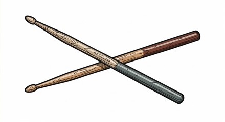 Cartoon wooden drumsticks crossed on white background
