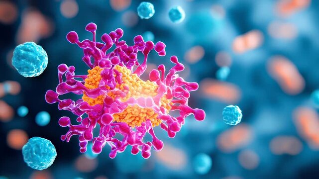 Microscopic virus cell with vibrant pink spikes and yellow core among blue cells, infection and disease concept, bacteria, microbe, pathogen