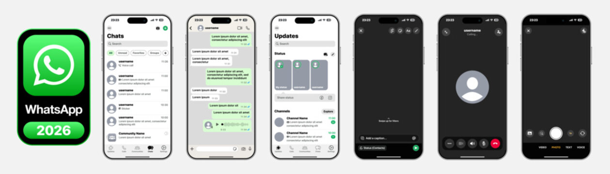 WhatsApp Mobile App UI Mockup 2026 Showing Chat List Message Threads Updates Tab Voice Call Screen Dark Mode Profile View and iPhone Messaging Interface
