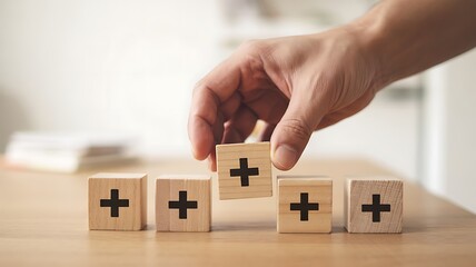 Adding Value & Positive Growth: Hand Stacking Wooden Blocks with Plus Signs