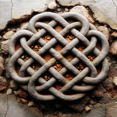 Celtic knot carved in stone with earthy tones on textured background  