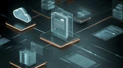 Futuristic 3D render of document, cloud, & data structure, digital, high-tech abstract