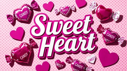 Sweet heart typography with pink foil candies, valentine day background with paper hearts, dotted pattern texture, creative romantic 3d lettering, for greeting card, banner, poster, love concept.