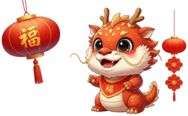 Cute little orange chinese dragon character standing next to festive lanterns for lunar new year
