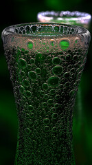 Close-up of green beer mug with bubbles on dark background  