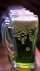 Green beer in pint glass with foam on wooden table  