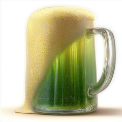 Green beer mug with foam on white background  