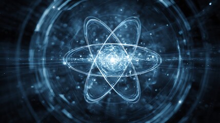 Glowing atom model with swirling energy and particles, science background