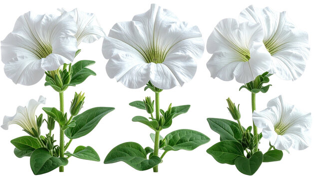 Cluster of several pure white petunias with green leaves, isolated