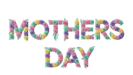 Mothers Day text made of colorful textured flowers on black background transparent background