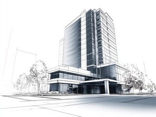Fototapeta premium Modern architectural rendering of a high rise building on a bright day