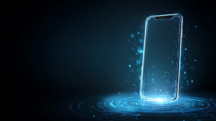 Glowing digital smartphone with a blank screen, surrounded by luminous abstract blue light
