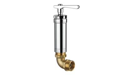 Modern chrome and brass faucet valve with lever handle and threaded outlet for plumbing installations on transparent background