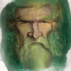 Watercolor illustration of a bearded elder with a stern expression  