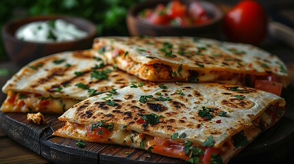 Delicious quesadillas with fresh herbs on a wooden board