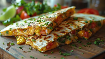 Delicious quesadillas with melted cheese and fresh herbs on wooden board