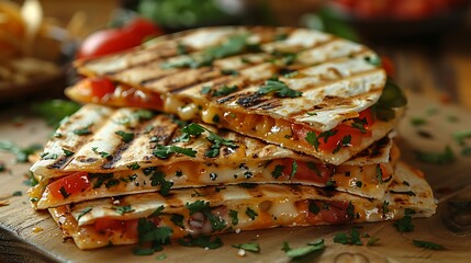 Delicious grilled quesadillas stacked on wooden board with fresh herbs