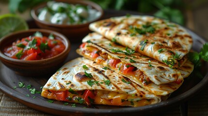 Delicious grilled quesadillas with fresh salsa and herbs on plate