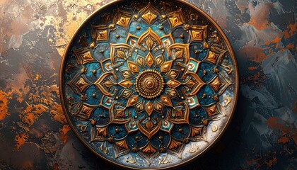 Ornate decorative plate featuring complex golden mandala patterns and turquoise blue accents on textured rustic background