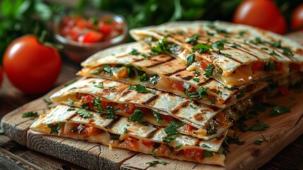 Delicious grilled quesadillas with fresh herbs on wooden board