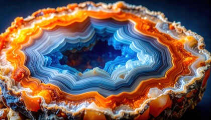 Macro photography of sliced agate geode displaying vivid orange and deep blue bands with internal crystalline structure