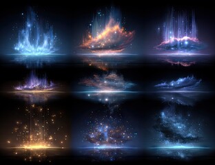 Abstract digital art collection of glowing energy displays with reflections
