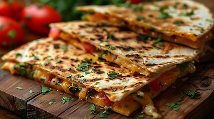 Delicious quesadillas with melted cheese and fresh herbs on wooden board