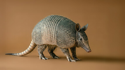 A minimalist composition of an armadillo. An animal with armored, bony plates, strong digging claws, and a sharp sense of smell. Food source: ants, termites, and grubs.