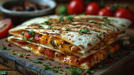 Delicious grilled quesadilla with melted cheese and fresh herbs on wooden board