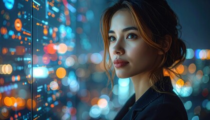 Young woman with brown hair looking thoughtfully at transparent digital screen with glowing data points and city lights