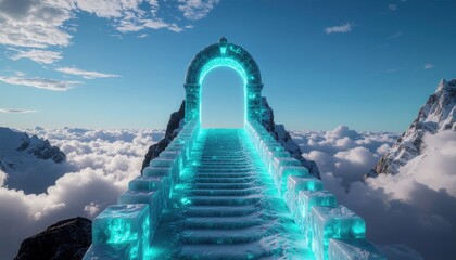 Glowing turquoise portal and ice stairs atop a high mountain peak overlook a vast sea of clouds under a clear blue sky