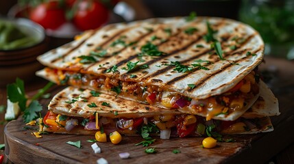 Delicious grilled quesadillas with melted cheese and fresh herbs on wooden board