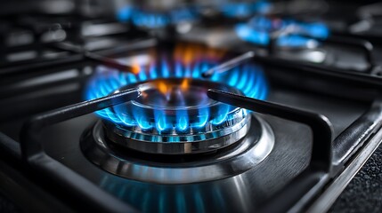 Macro shot of a stove burner emitting blue flames, highlighting the gas ignition system