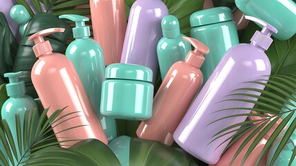 Assortment of Pastel Skincare Bottles Amidst Lush Tropical Foliage
