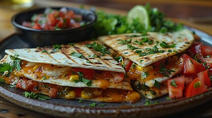 Delicious grilled quesadillas with fresh salsa and herbs on plate