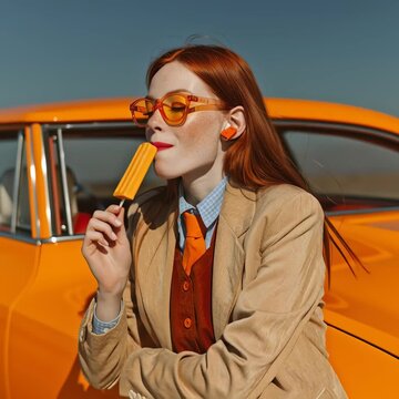 Una joven con el pelo pelirrojo sostiene un helado frente a un coche cl&aacute;sico.