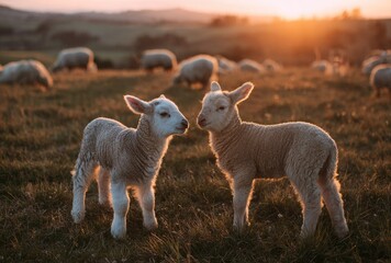 Two lambs standing in a field with other sheep at sunset golden hour