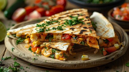 Delicious grilled chicken quesadilla with fresh herbs on wooden plate