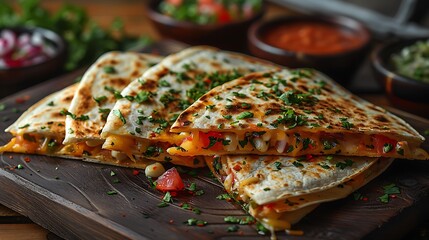 Delicious quesadillas with melted cheese and fresh herbs on wooden board