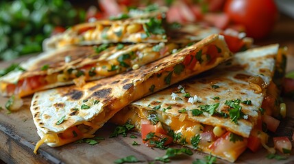Delicious quesadillas with melted cheese and fresh herbs on wooden board