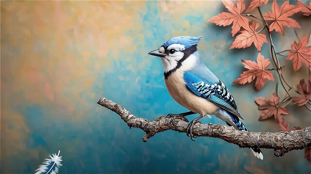 Blue jay bird perched branch with autumn leaf and floating feather, colorful nature wildlife scene showcasing vibrant blue and orange tones calm