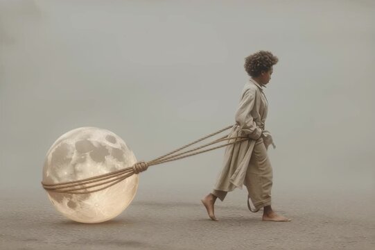 Un ni&ntilde;o arrastra la luna a trav&eacute;s de un paisaje desolado.