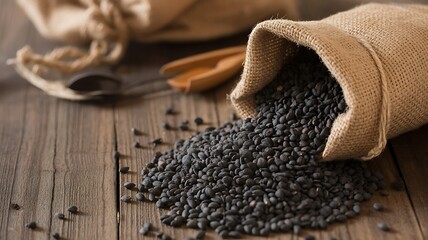 Black Beluga Lentils Spilling from Burlap Sack on Rustic Wood Surface