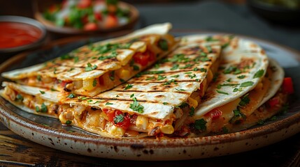 Delicious grilled quesadillas with melted cheese and fresh herbs on plate