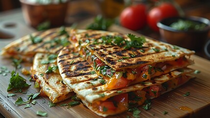 Delicious grilled quesadillas with fresh herbs on wooden board