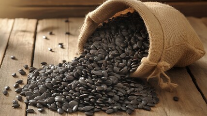 Black Sunflower Seeds Spilling from Burlap Sack on Rustic Wood