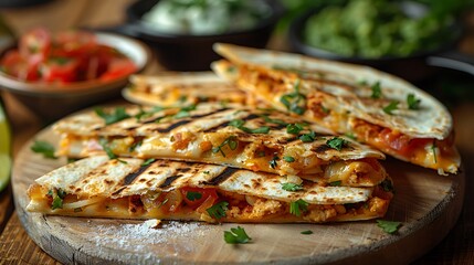 Delicious grilled chicken quesadillas on wooden plate with fresh toppings